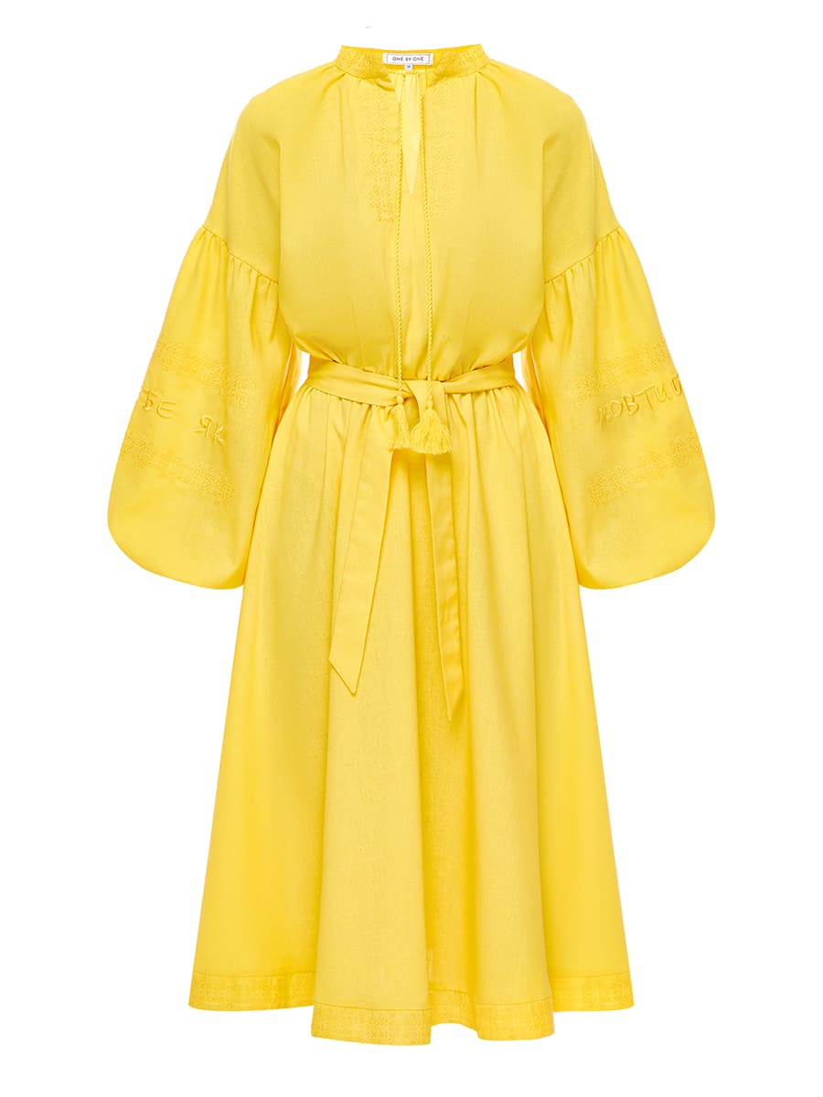 Сукня-вишиванка міді лляна жовтого кольору 2